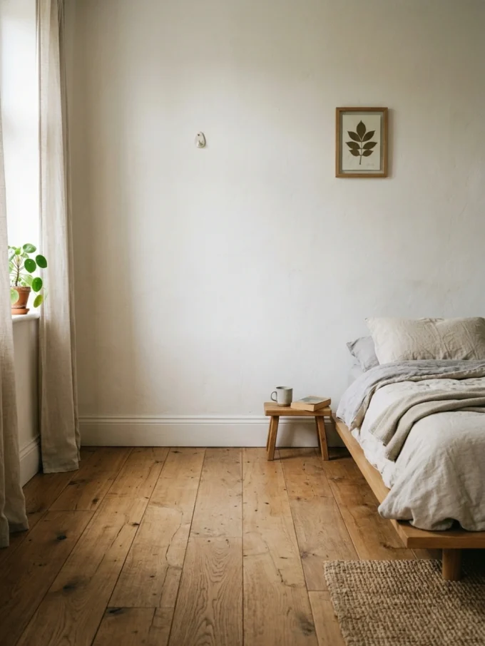 A mostly empty white wall beside a bed with a wooden frame and a small wooden table with a mug on it.