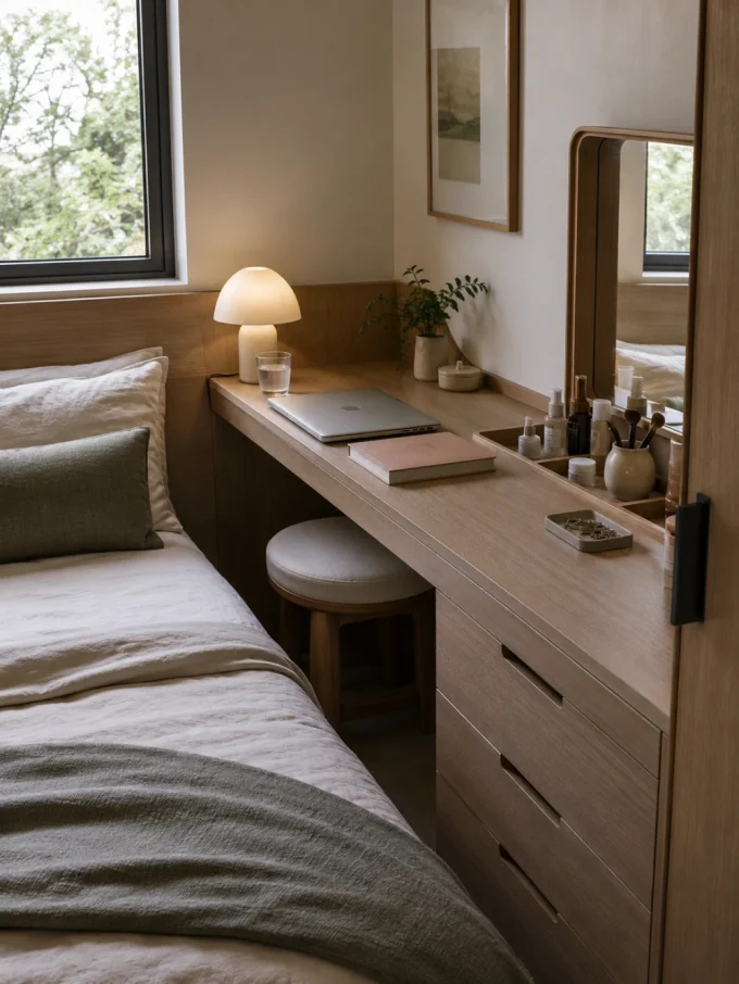 Under the desk, a stool is neatly tucked away