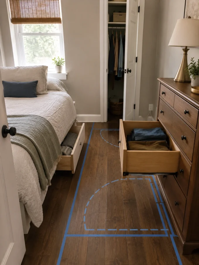 Bedroom with bed, dresser, and closet, blue tape on floor