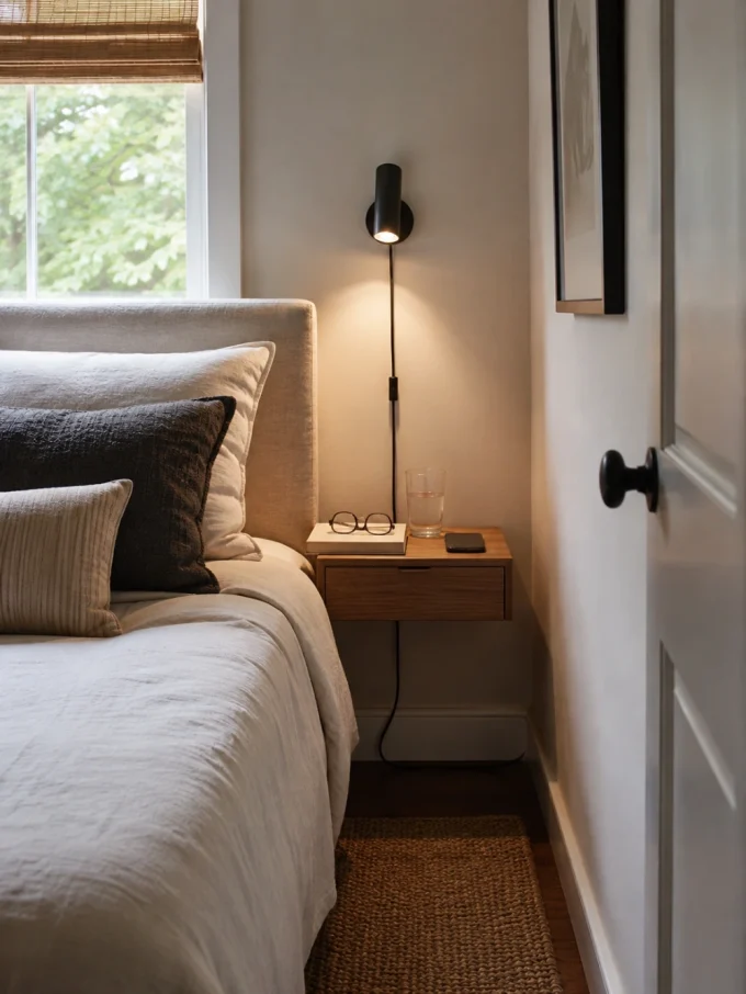 Bed with white comforter and pillows next to wooden nightstand with glass, book, glasses, and phone.