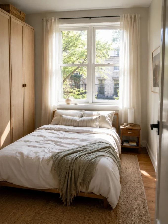 Bed placed beneath a window with sheer curtains and a wardrobe beside it