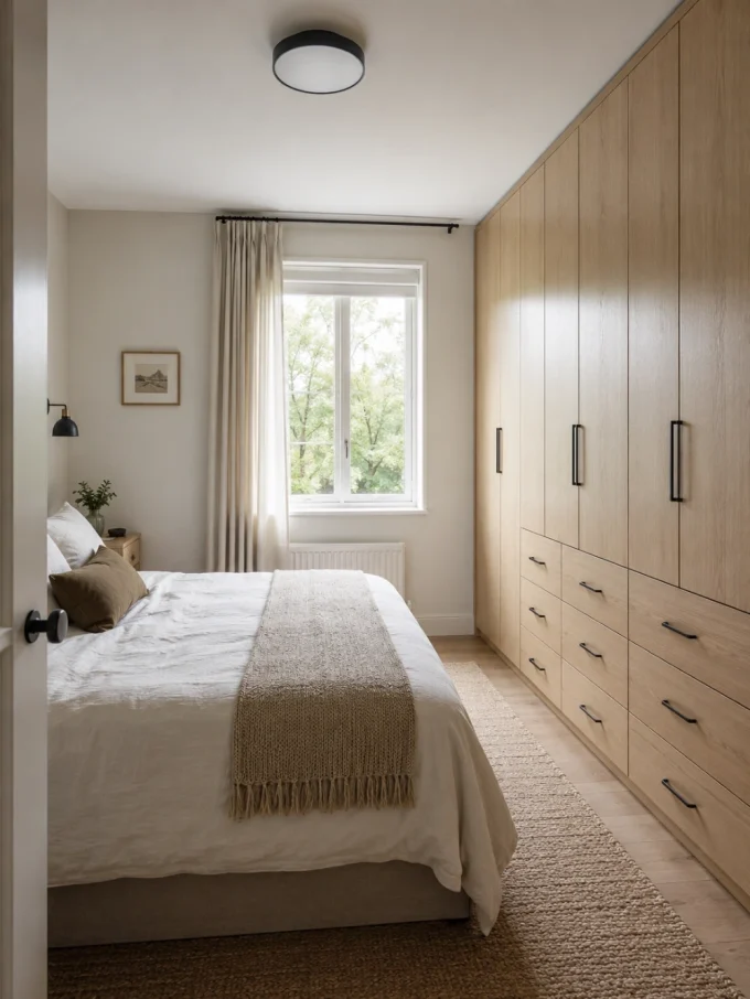 Floor-to-ceiling wood storage units with cabinets and drawers against a white wall