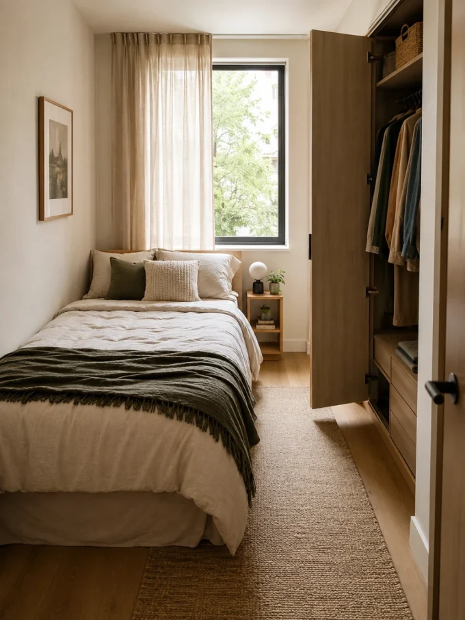 Bed with white comforter and green throw, beside open closet and window with tree view