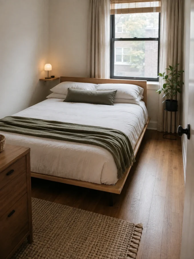A neatly made bed with white sheets and green blanket in a small bedroom with wood floor.
