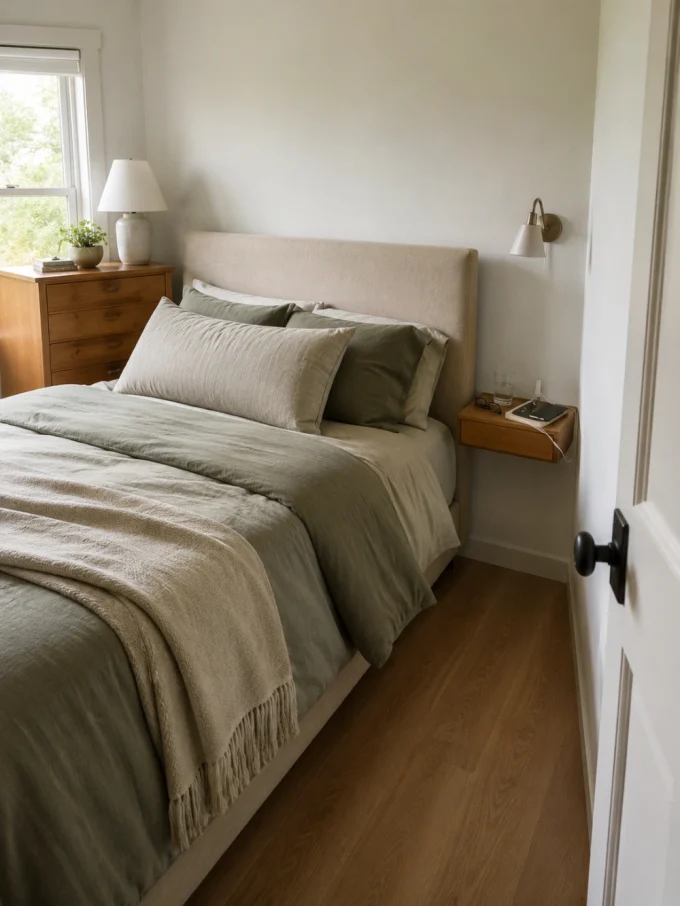 Bed with sage green comforter and pillows, beige blanket, and light wood furniture