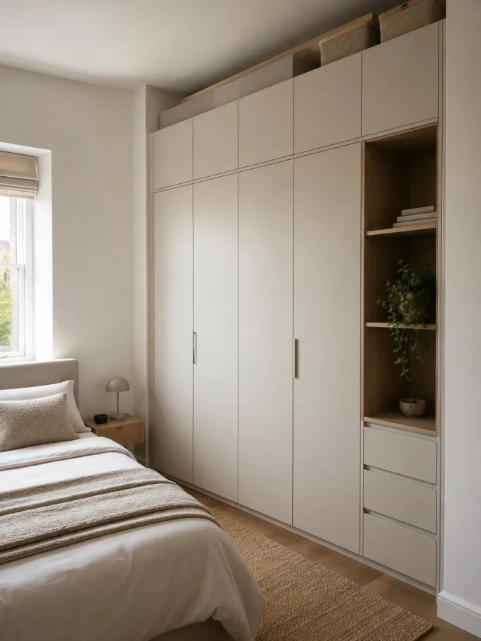 Bed with white bedding and pillows beside large built-in closet with shelves and drawers