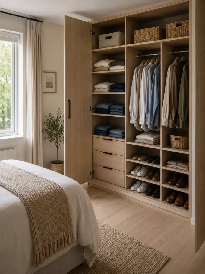Clothes hang inside a closet beside a bed.