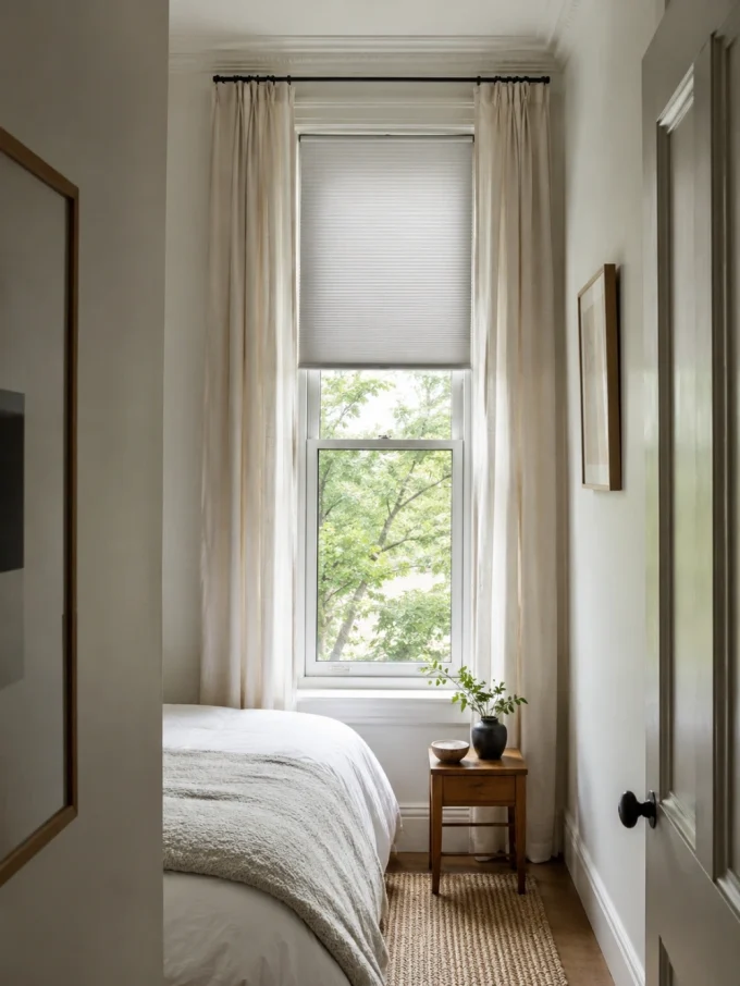 A window with a white roller shade and long cream curtains, beside a bed with a white comforter and a small wooden table with a plant.