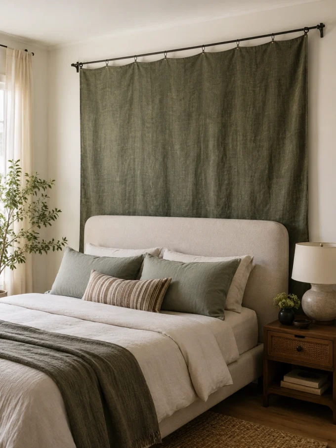 A large green curtain behind a bed with a light-colored headboard and beige bedding