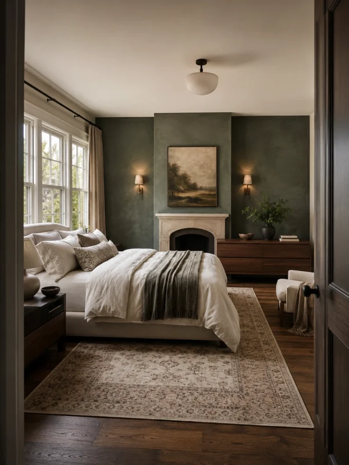 Bedroom with white bed, green accent wall, and fireplace