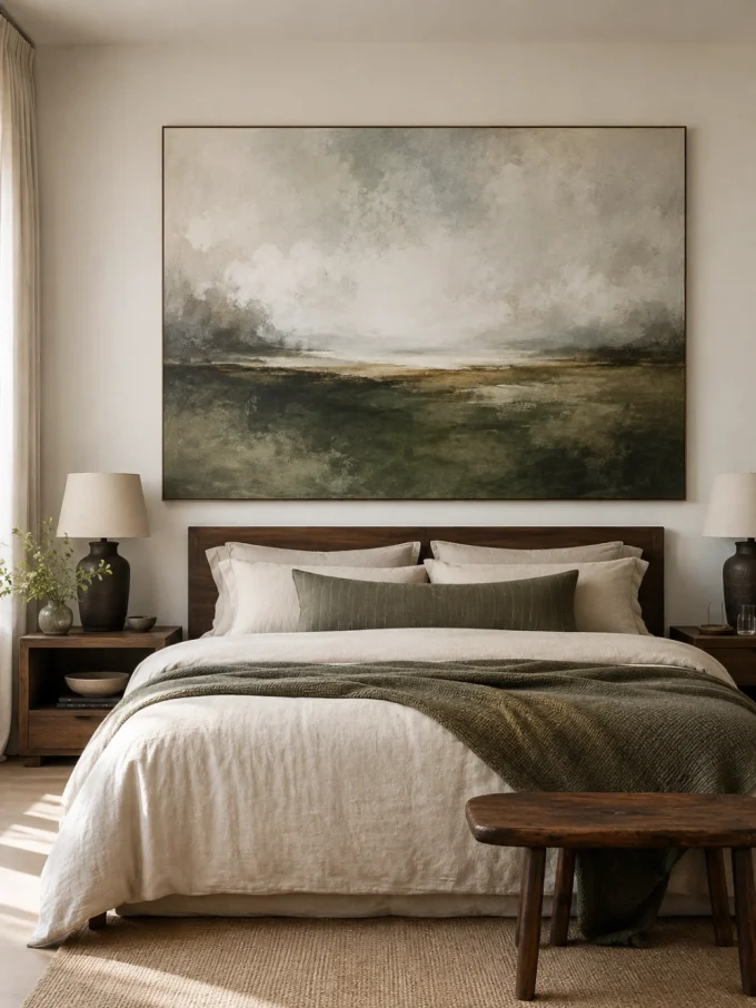 Large abstract landscape painting above a bed with white and green bedding
