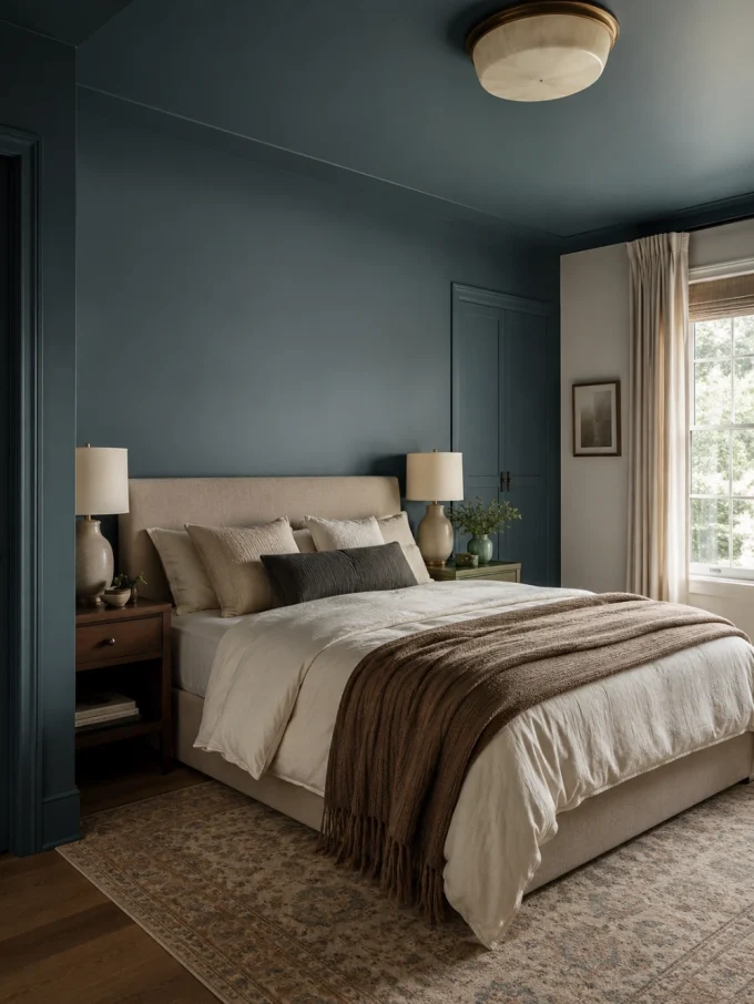 Bedroom with blue walls and ceiling, beige bed, and brown throw blanket