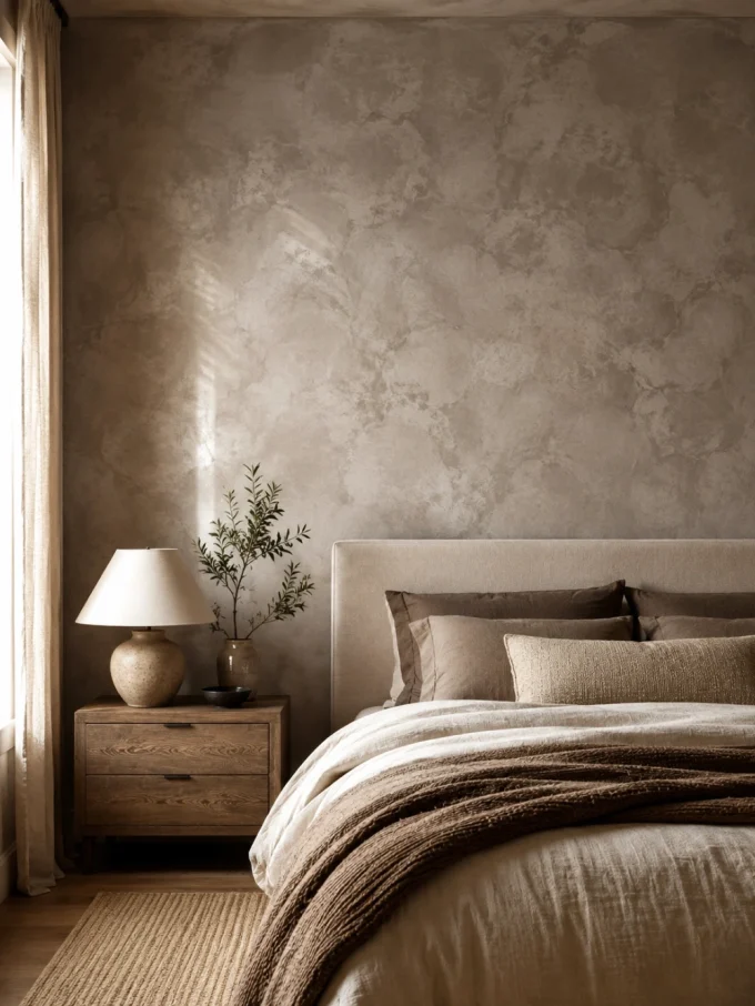 A textured, mottled plaster-like finish on a bedroom feature wall behind a bed with neutral-toned bedding and a nightstand with a lamp and plant.