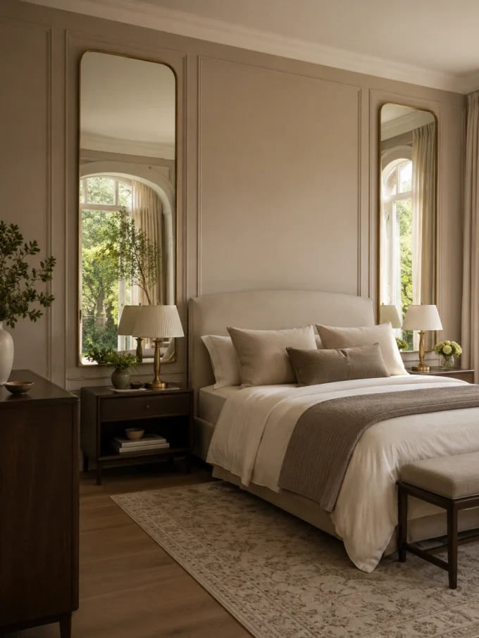 A bed with beige headboard and white bedding flanked by two tall mirrors reflecting windows
