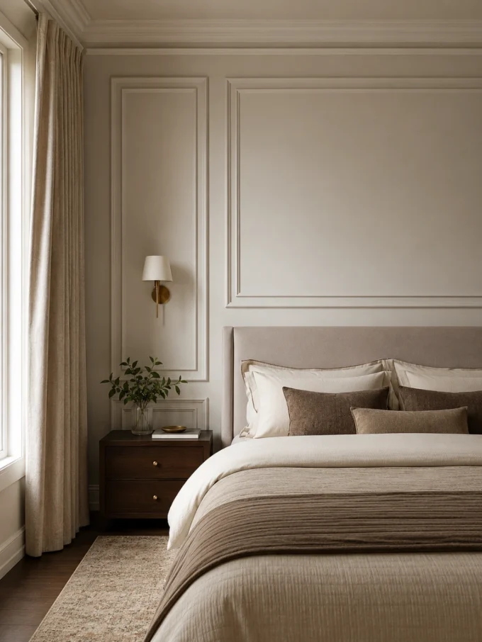 A bed with pillows against a wall with molding and a nightstand