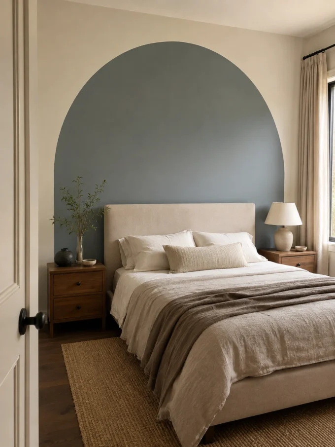A bed with beige bedding and pillows against a blue arch painted on the wall
