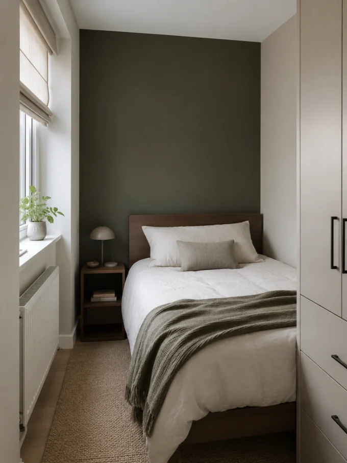 A small bedroom with a dark green accent wall behind a bed, white bedding, and simple furniture.