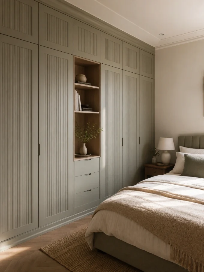 A large sage green built-in wardrobe with fluted fronts and integrated open niches beside a bed