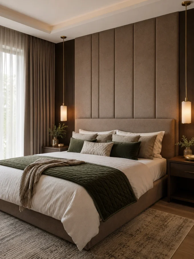 Upholstered wall behind bed with vertical panels and large headboard