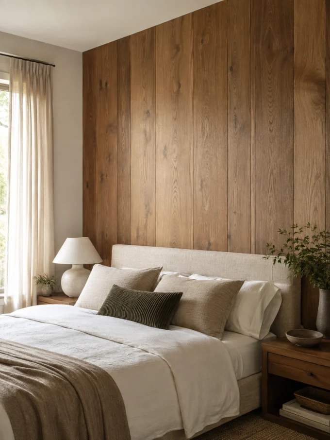 A bed with white bedding and pillows against a wooden plank wall