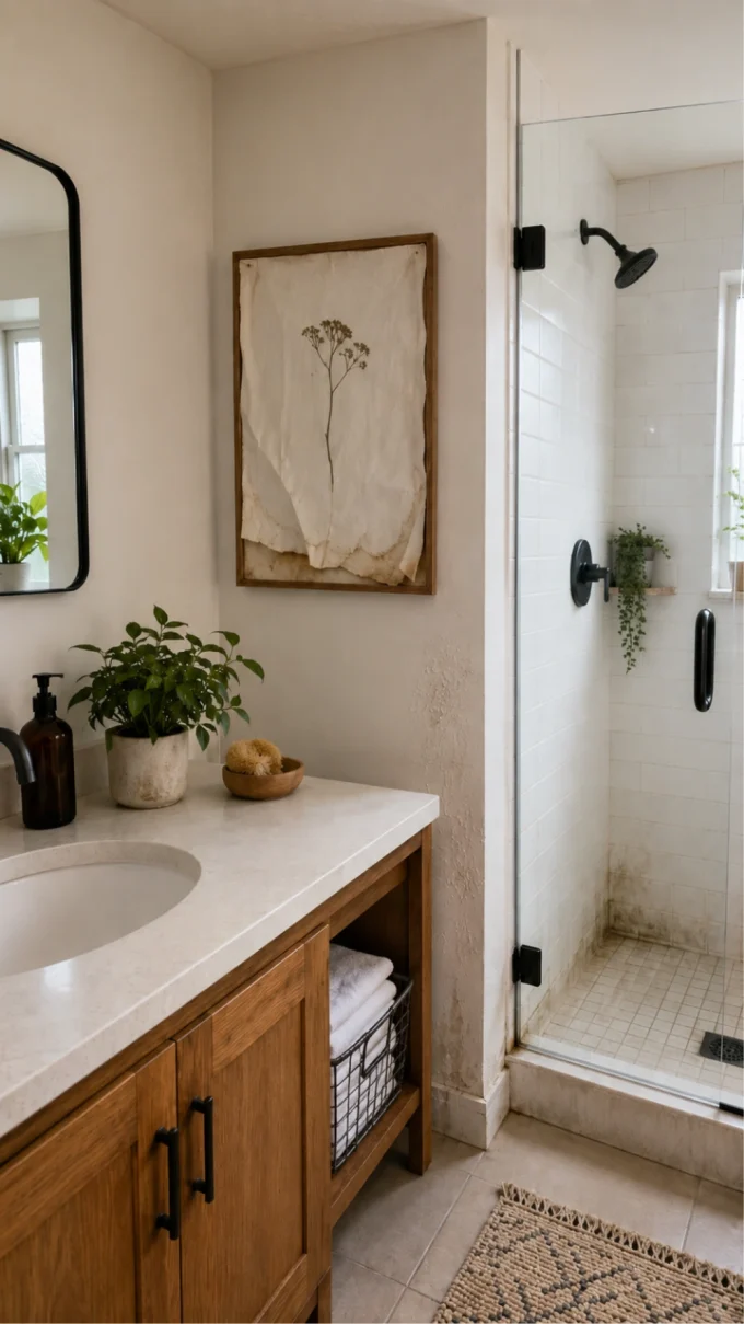 Shower with a glass door and fixtures.