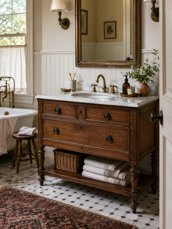 A wooden vanity with marble countertop and gold faucet