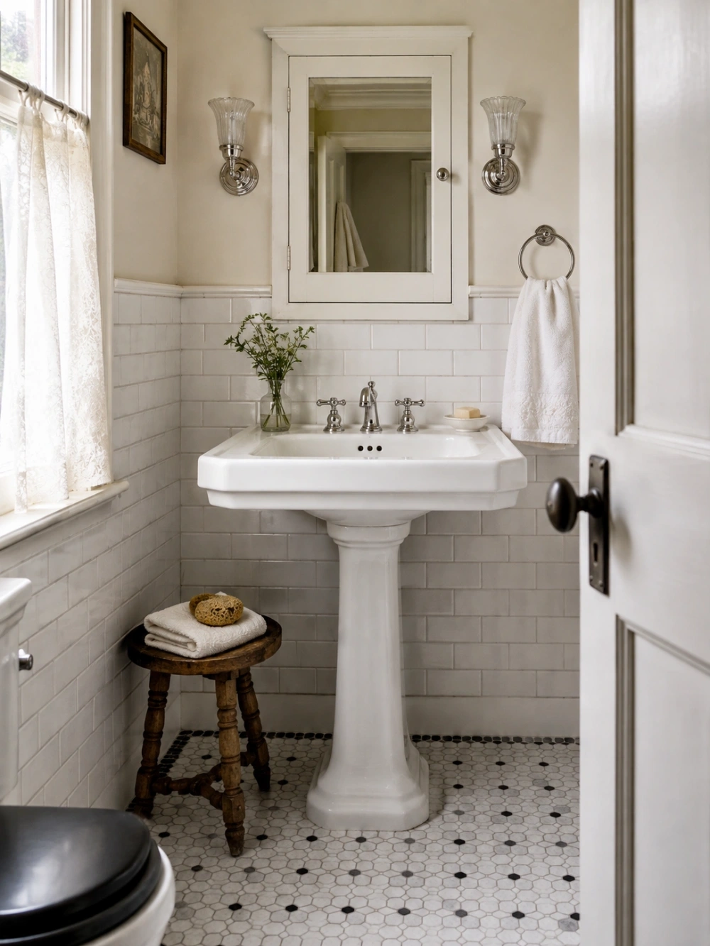 A white pedestal sink with silver faucet, soap dish, and towel ring with folded towels beside a wooden stool.