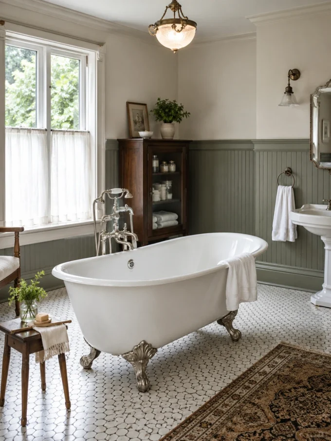 A white clawfoot tub with silver feet and a towel draped over the side sits in a vintage-style bathroom with a window, wooden cabinet, and pedestal sink.