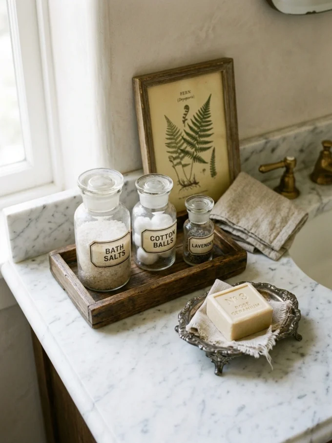 A wooden tray holding glass jars of bath salts, cotton balls, and lavender on a marble countertop with a bar of soap on a dish.