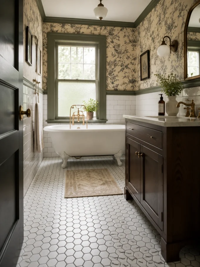 hexagon floor tiles in a vintage bathroom with a freestanding tub