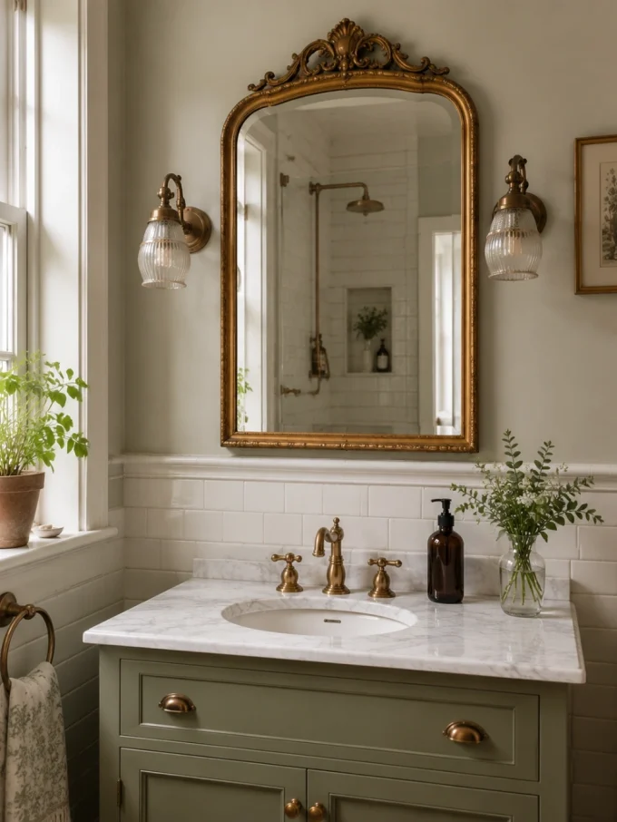 A vintage-style gold-framed mirror hangs above a sage green vanity with a white marble countertop, gold faucet, and clear glass vase with greenery.