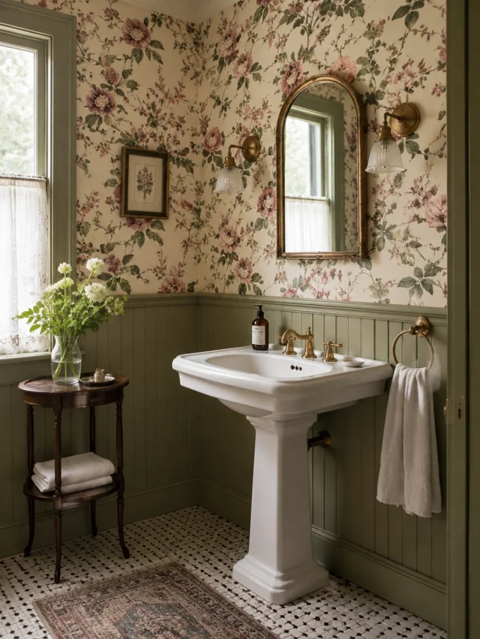 A vintage-style bathroom with floral wallpaper, a white pedestal sink, and gold fixtures.