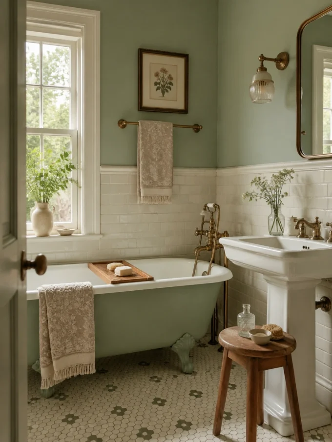 A sage green bathtub with a wooden soap tray and towel, next to a white sink with a small wooden stool and greenish bathroom walls.