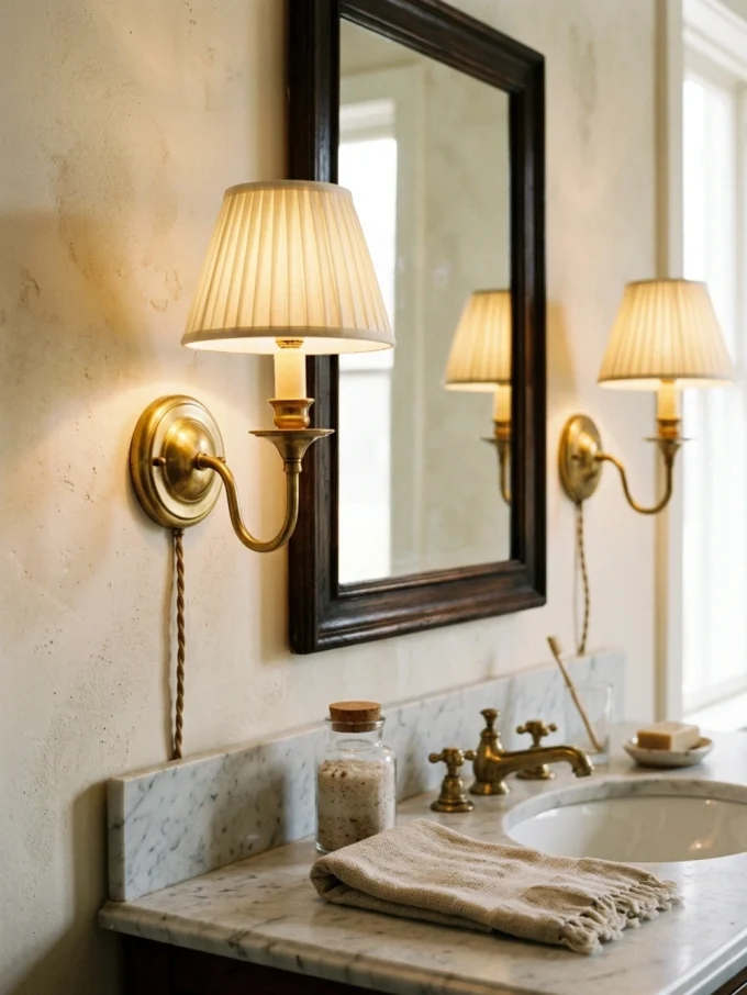 Brass wall sconces with cream shades beside a marble sink