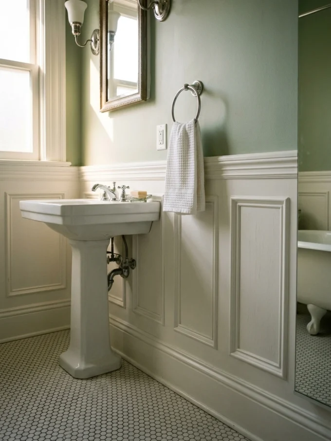 A white pedestal sink with wainscoting and a towel ring