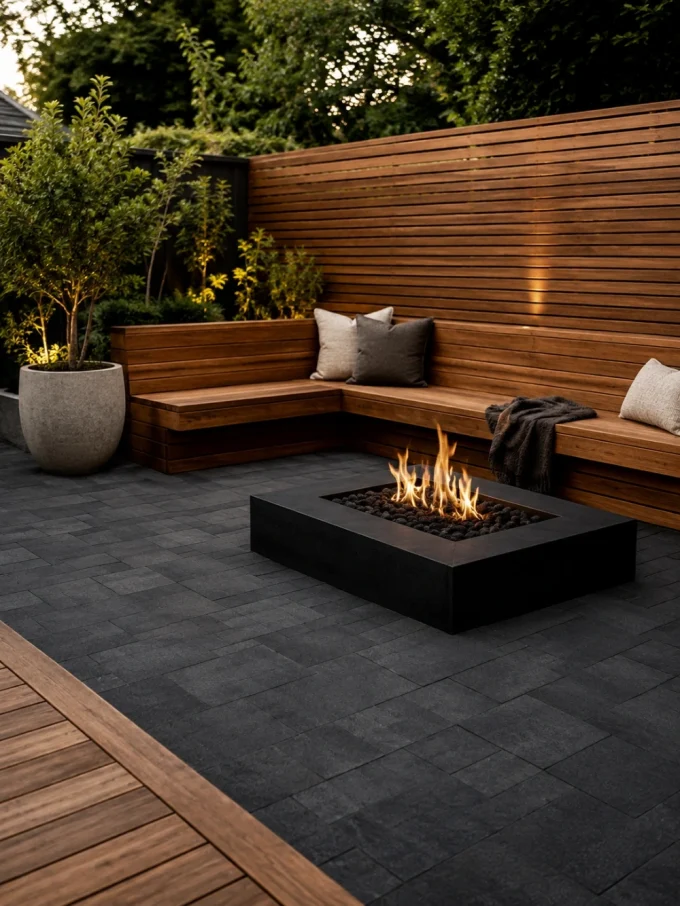 Wooden outdoor seating area with pillows and a fire pit