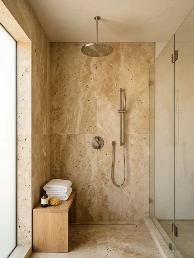A shower area with travertine walls and floor, a rainfall showerhead, handheld shower, glass enclosure, wooden bench with towels and bath products.