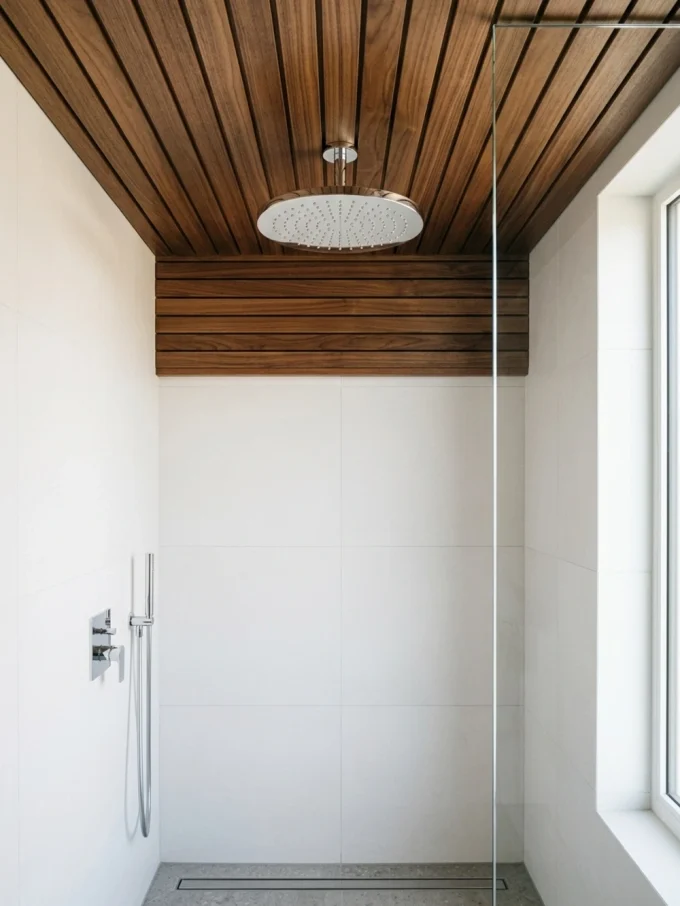 Bathroom with warm wood tones, white finishes, and glass details.