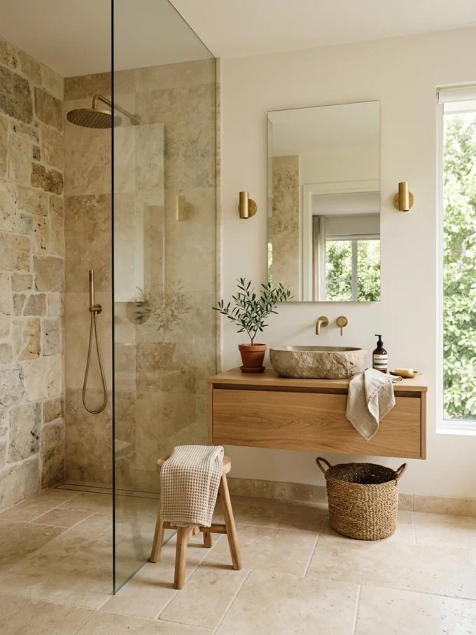 Bathroom with stone tile shower and wooden vanity