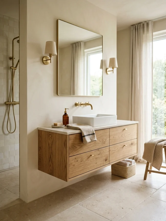 Wood vanity with cream countertop and white sink against warm off-white walls