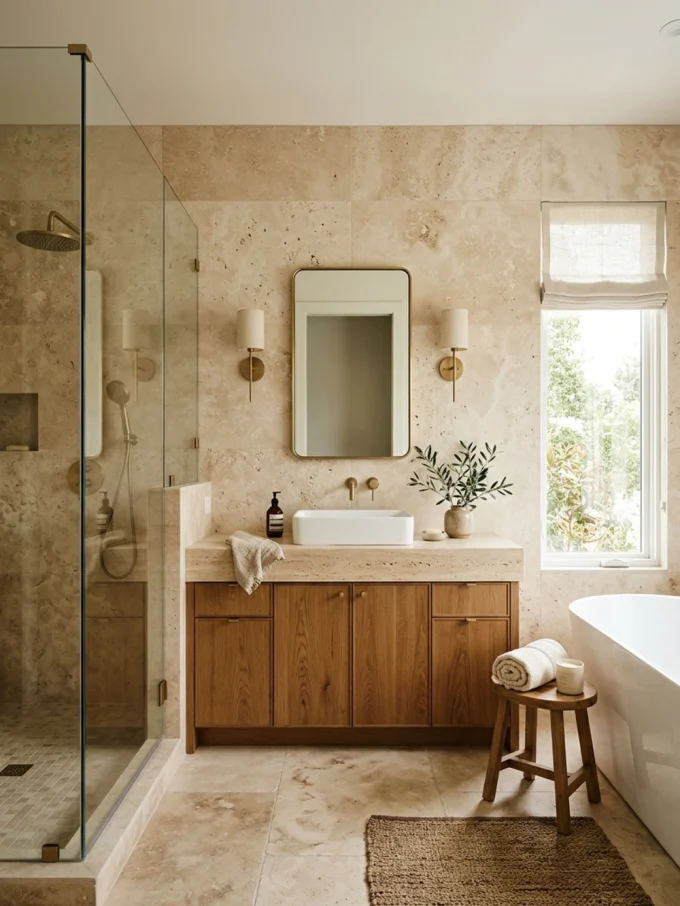 A bathroom with a wooden vanity, arched mirror, and earth-toned tiles