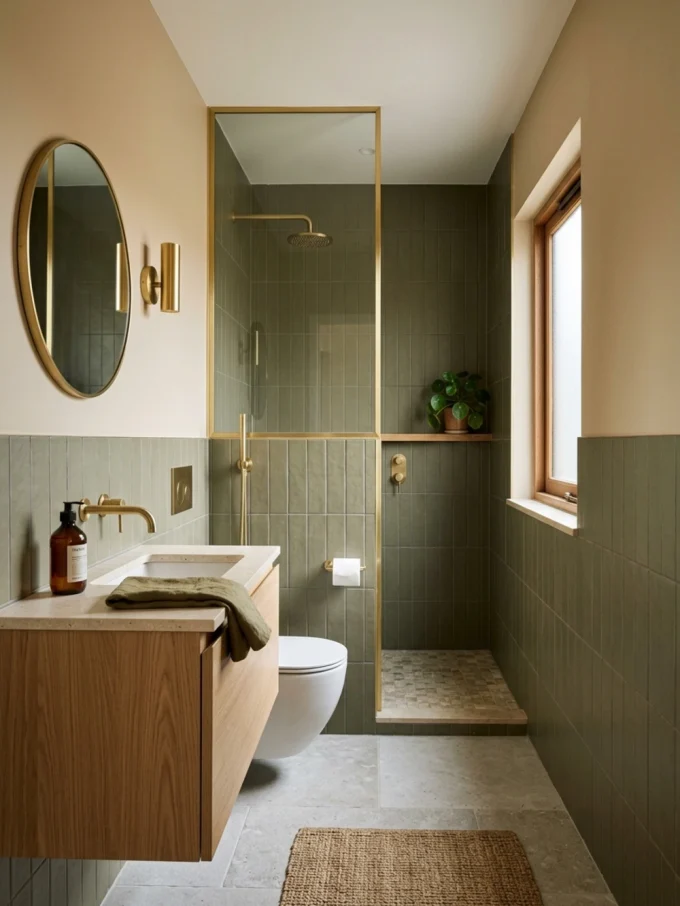 Bathroom with green tiles, gold fixtures, and wooden vanity