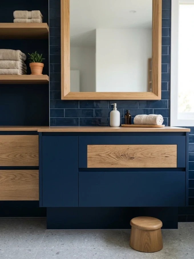 Navy blue bathroom vanity with oak wood accents and stool