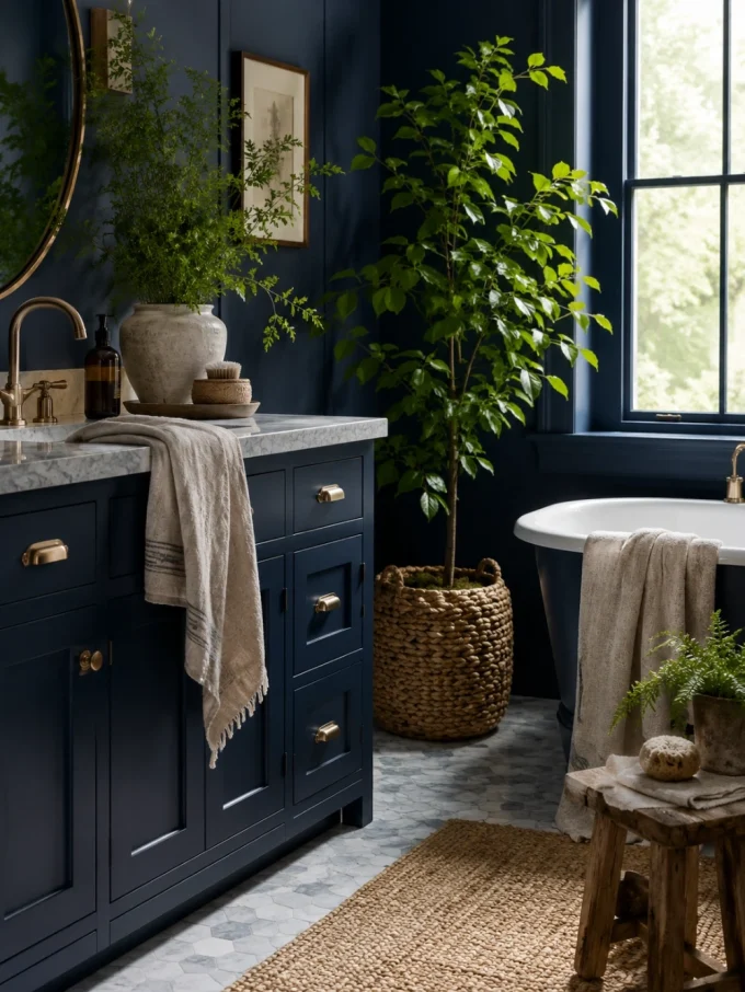 Navy blue bathroom softened with lush green plants, woven baskets, linen towels, a natural fiber rug, and a rustic wooden stool.
