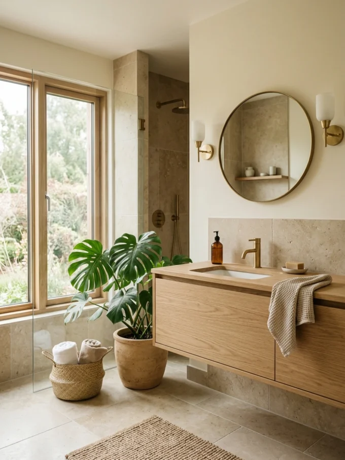 A bathroom vanity with a wooden cabinet, gold faucet, and round mirror, featuring a potted plant and woven basket beside it.