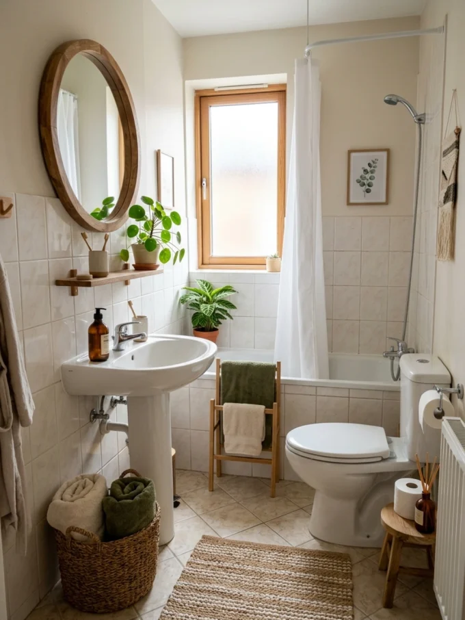 A warmly lit earthy bathroom with layered lighting, featuring a white sink, toilet, and bathtub, surrounded by natural materials and plants.