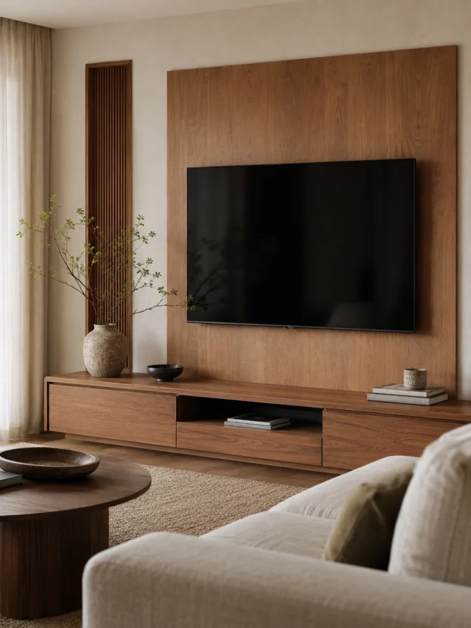 A large TV mounted on a wood-paneled wall above a wooden console with decor