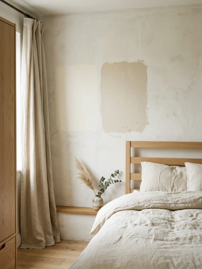 A beige-painted wall with test swatches beside a bed with cream bedding and a wooden headboard