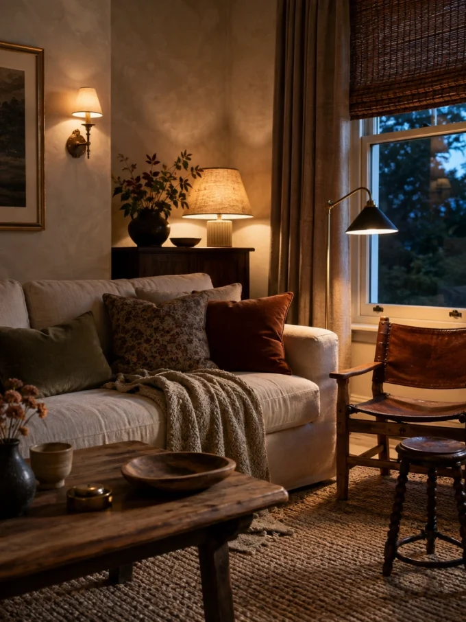 A dimly lit living room with a cream sofa, wooden coffee table, and leather chair, featuring multiple light sources and varied textures.