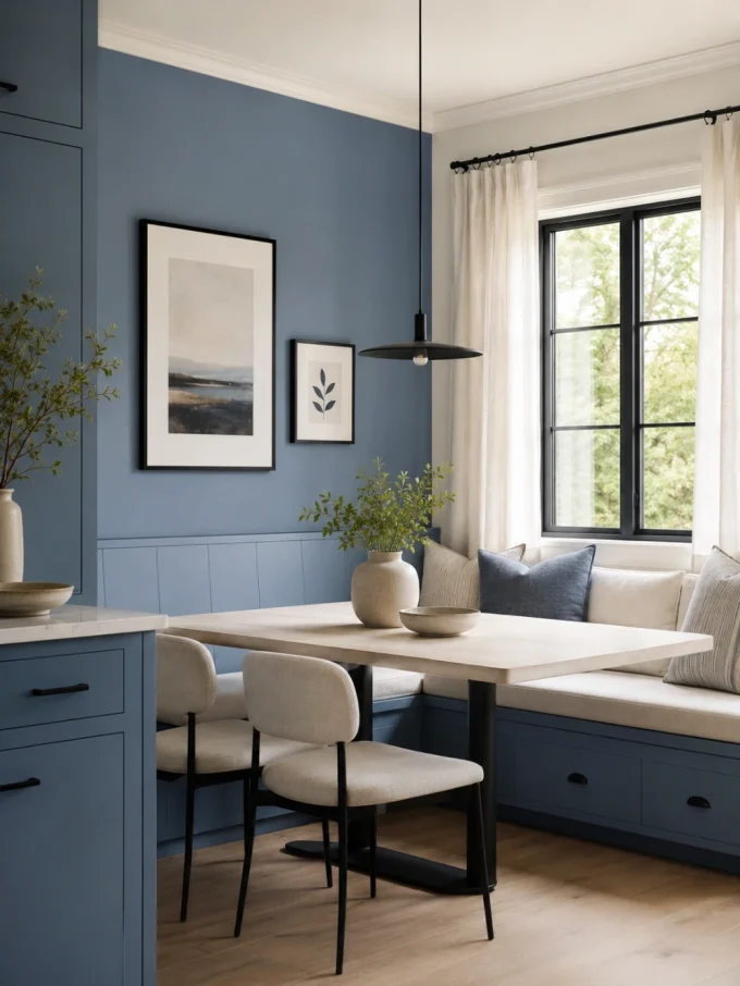 A dining table with two chairs and a built-in banquette seating area